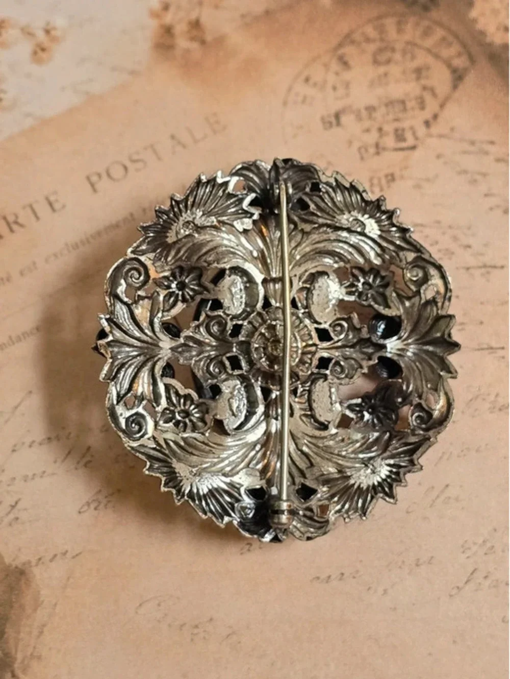 Art Nouveau Silver Tone Green Cabochon Floral Brooch Ornate Openwork